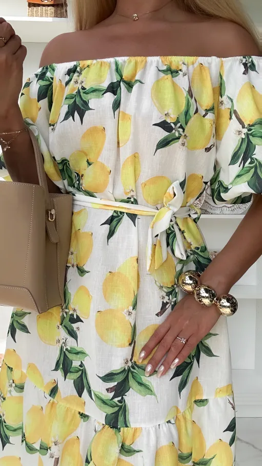 Lniana biała sukienka hiszpanka w cytryny ONE SIZE - P916