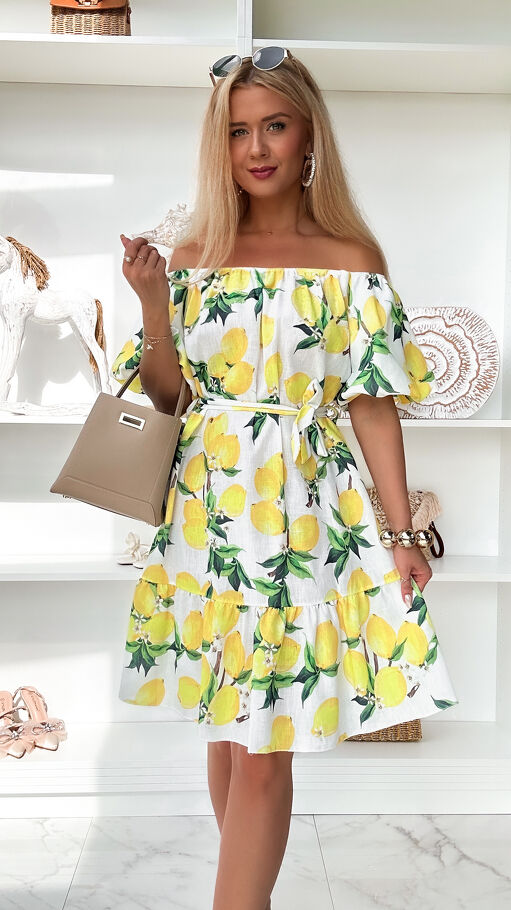 Lniana biała sukienka hiszpanka w cytryny ONE SIZE - P916
