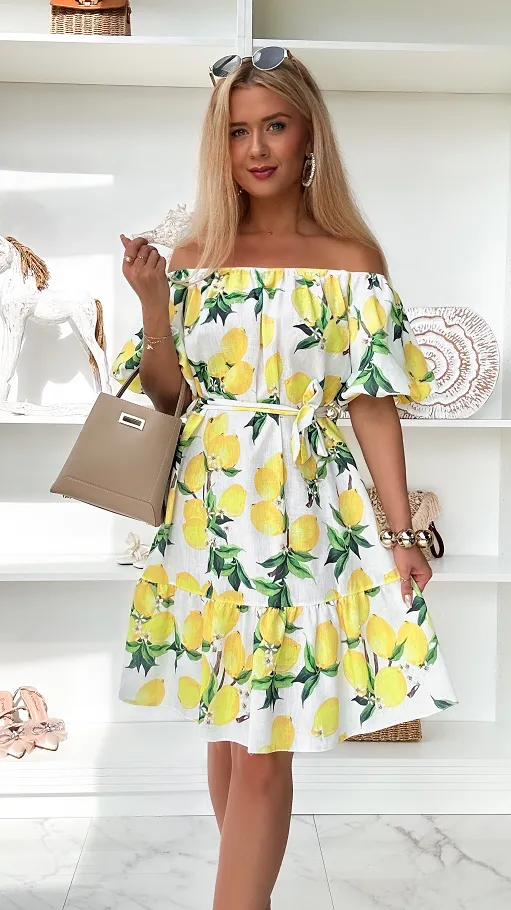 Lniana biała sukienka hiszpanka w cytryny ONE SIZE - P916