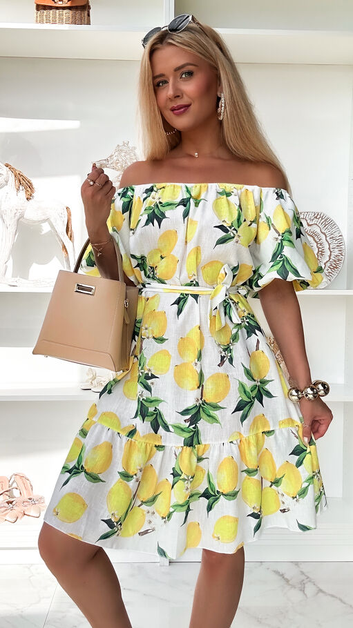 Lniana biała sukienka hiszpanka w cytryny ONE SIZE - P916