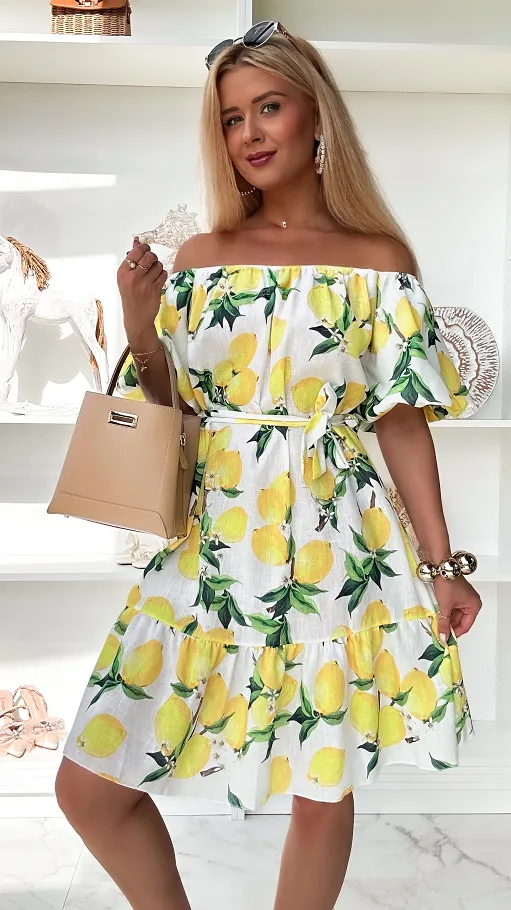 Lniana biała sukienka hiszpanka w cytryny ONE SIZE - P916