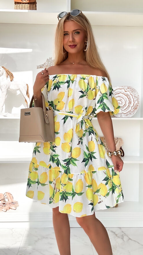 Lniana biała sukienka hiszpanka w cytryny ONE SIZE - P916