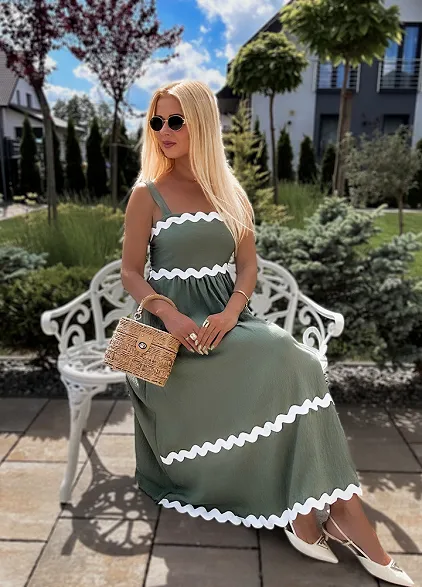 Świetna zielona MAXI sukienka na ramiączkach z kontrastową białą lamówką - N301B