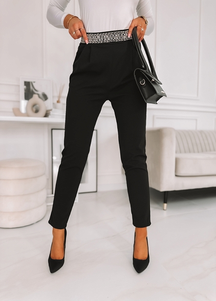 Eleganckie czarne spodnie OZDOBNY PAS - L235