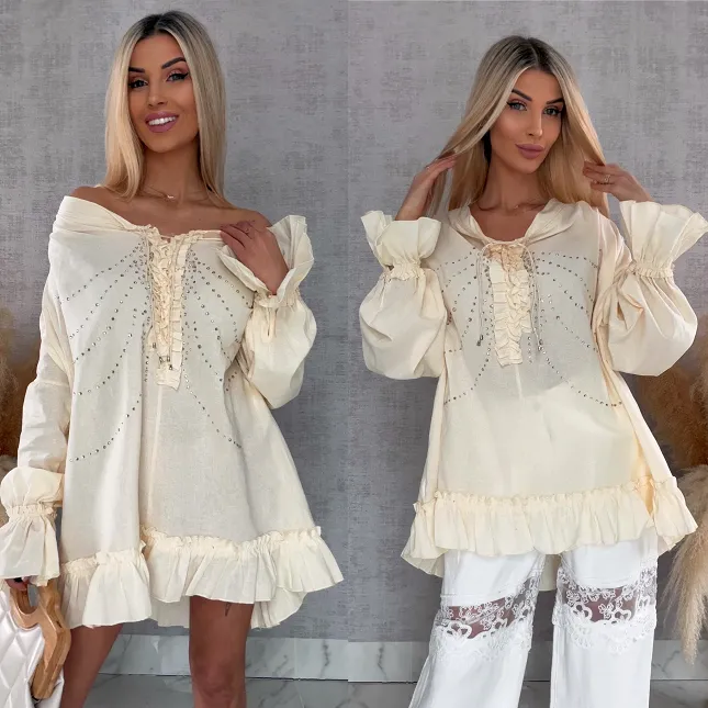 Luźna bluzka koszulowa BOHO w cyrkonie ONE SIZE ecru - R506A