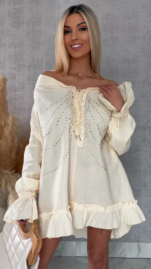 Luźna bluzka koszulowa BOHO w cyrkonie ONE SIZE ecru - R506A