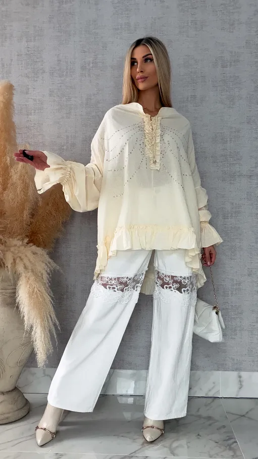 Luźna bluzka koszulowa BOHO w cyrkonie ONE SIZE ecru - R506A