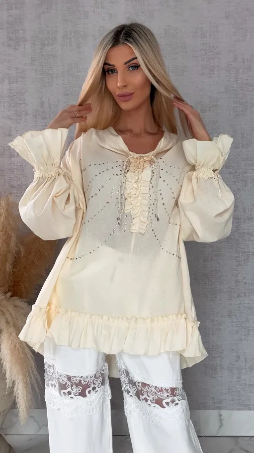 Luźna bluzka koszulowa BOHO w cyrkonie ONE SIZE ecru - R506A