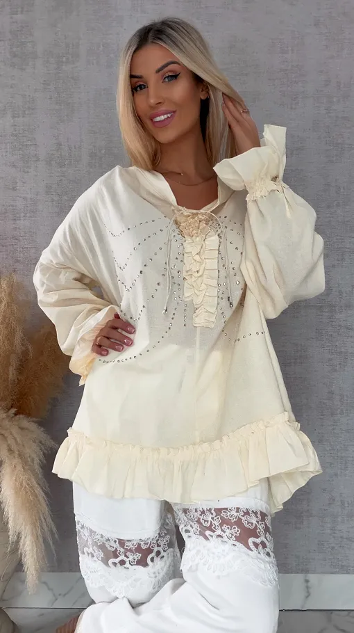 Luźna bluzka koszulowa BOHO w cyrkonie ONE SIZE ecru - R506A