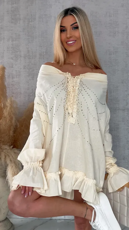 Luźna bluzka koszulowa BOHO w cyrkonie ONE SIZE ecru - R506A