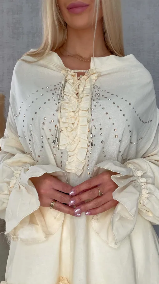 Luźna bluzka koszulowa BOHO w cyrkonie ONE SIZE ecru - R506A