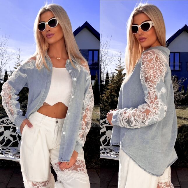Bawełniana jeansowa koszula z koronką i cyrkoniami ONE SIZE - R803