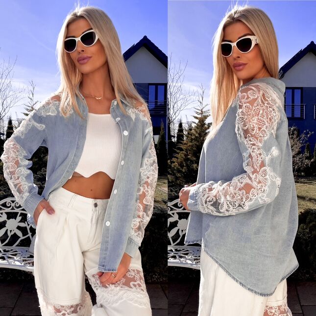 Bawełniana jeansowa koszula z koronką i cyrkoniami ONE SIZE - R803