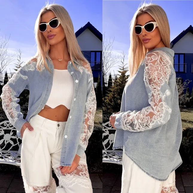 Bawełniana jeansowa koszula z koronką i cyrkoniami ONE SIZE - R803