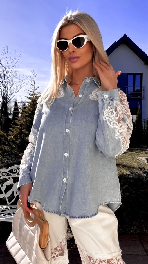 Bawełniana jeansowa koszula z koronką i cyrkoniami ONE SIZE - R803