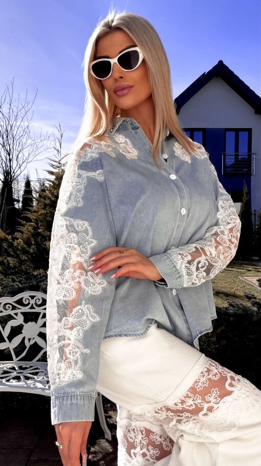 Bawełniana jeansowa koszula z koronką i cyrkoniami ONE SIZE - R803