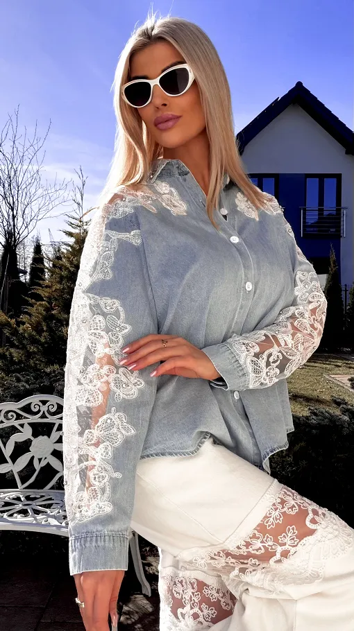 Bawełniana jeansowa koszula z koronką i cyrkoniami ONE SIZE - R803