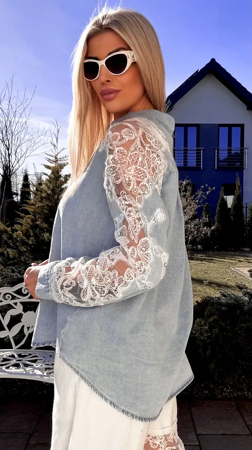 Bawełniana jeansowa koszula z koronką i cyrkoniami ONE SIZE - R803