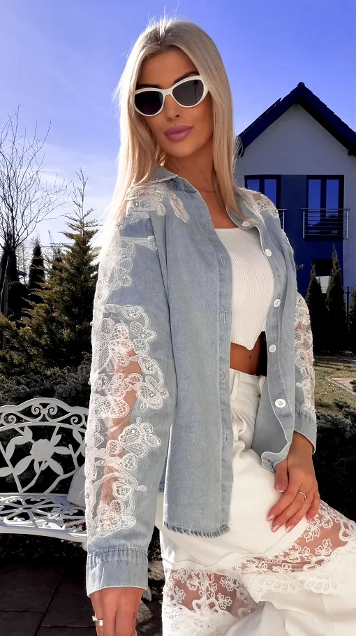 Bawełniana jeansowa koszula z koronką i cyrkoniami ONE SIZE - R803