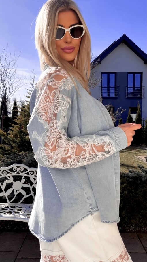 Bawełniana jeansowa koszula z koronką i cyrkoniami ONE SIZE - R803