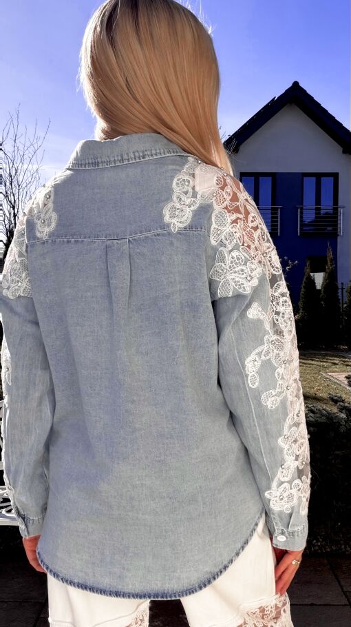 Bawełniana jeansowa koszula z koronką i cyrkoniami ONE SIZE - R803