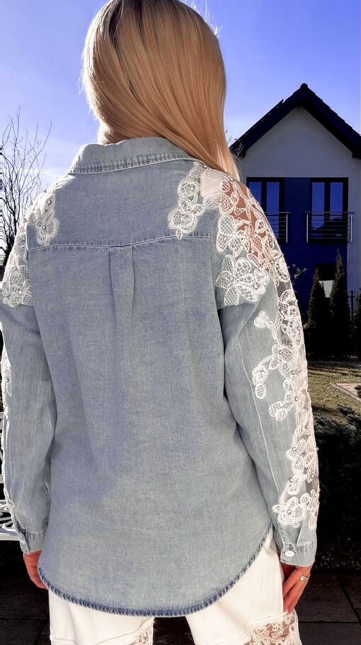 Bawełniana jeansowa koszula z koronką i cyrkoniami ONE SIZE - R803