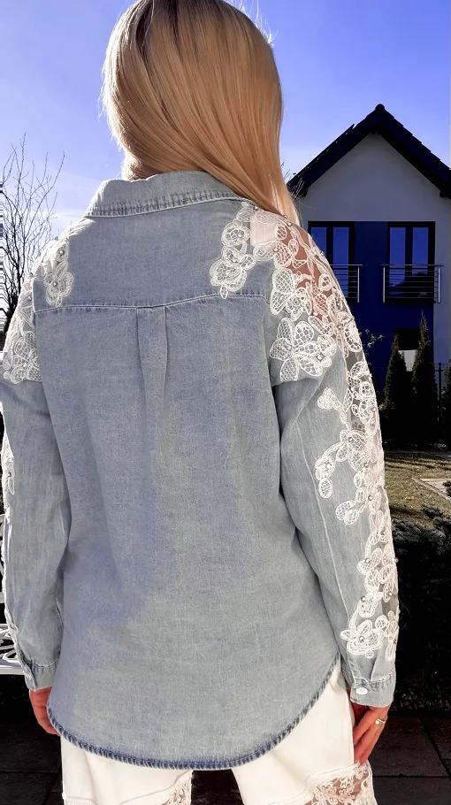 Bawełniana jeansowa koszula z koronką i cyrkoniami ONE SIZE - R803