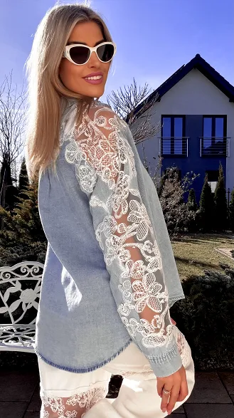 Bawełniana jeansowa koszula z koronką i cyrkoniami ONE SIZE - R803