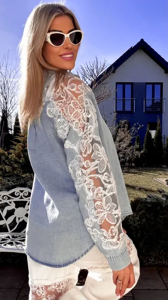 Bawełniana jeansowa koszula z koronką i cyrkoniami ONE SIZE - R803
