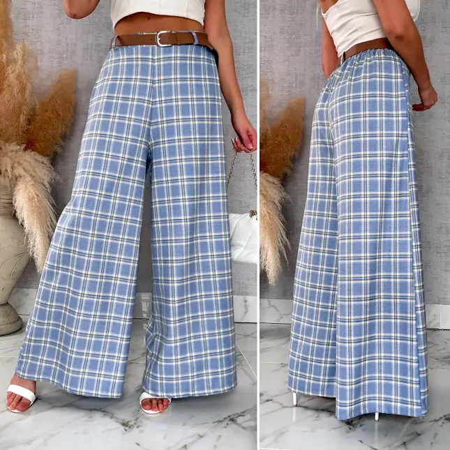 Eleganckie spodnie w kratkę BLUE z gumką w pasie i paskiem - R548A
