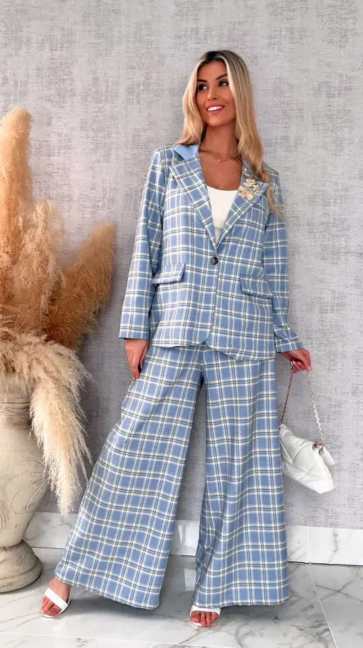 Eleganckie spodnie w kratkę BLUE z gumką w pasie i paskiem - R548A