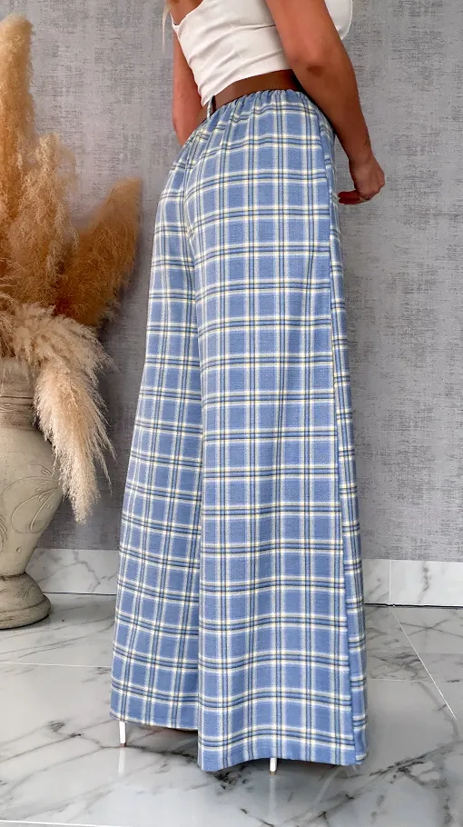 Eleganckie spodnie w kratkę BLUE z gumką w pasie i paskiem - R548A