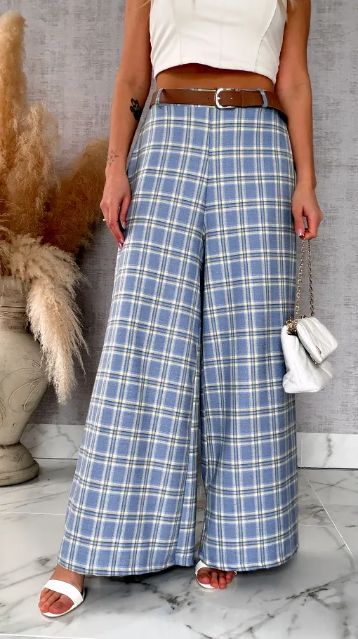 Eleganckie spodnie w kratkę BLUE z gumką w pasie i paskiem - R548A