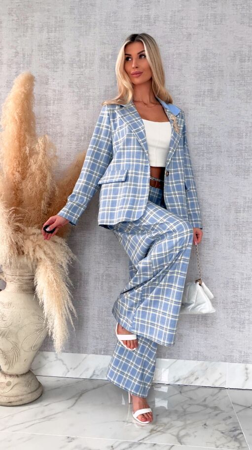 Eleganckie spodnie w kratkę BLUE z gumką w pasie i paskiem - R548A