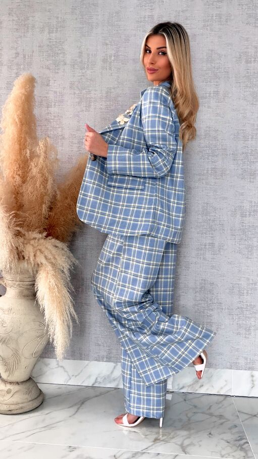 Eleganckie spodnie w kratkę BLUE z gumką w pasie i paskiem - R548A
