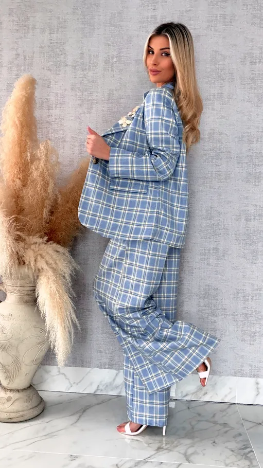 Eleganckie spodnie w kratkę BLUE z gumką w pasie i paskiem - R548A