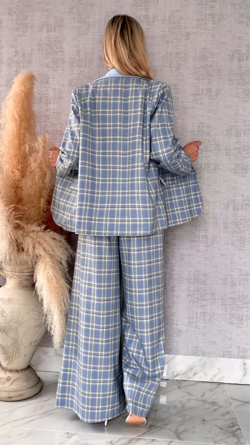 Eleganckie spodnie w kratkę BLUE z gumką w pasie i paskiem - R548A