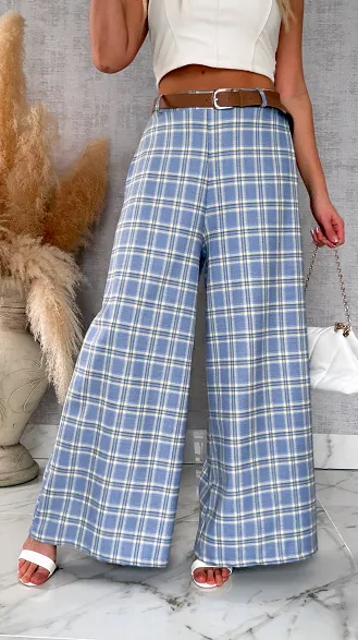 Eleganckie spodnie w kratkę BLUE z gumką w pasie i paskiem - R548A