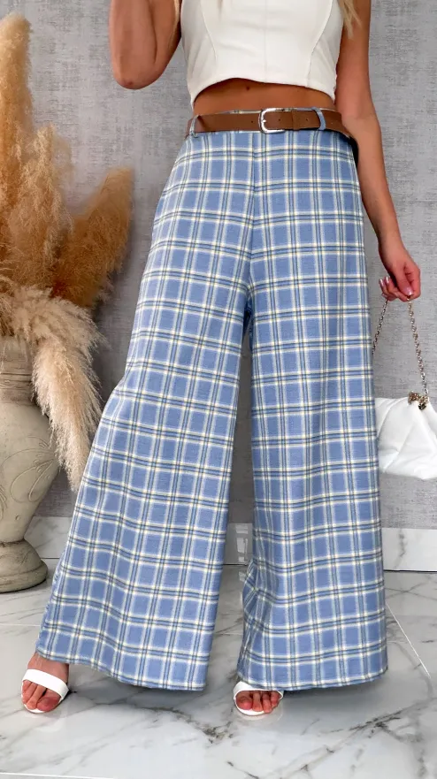 Eleganckie spodnie w kratkę BLUE z gumką w pasie i paskiem - R548A