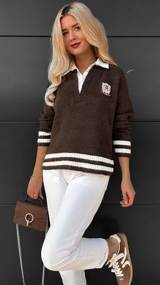 Modny czekoladowy sweter z koszulową wstawką ONE SIZE - R091A