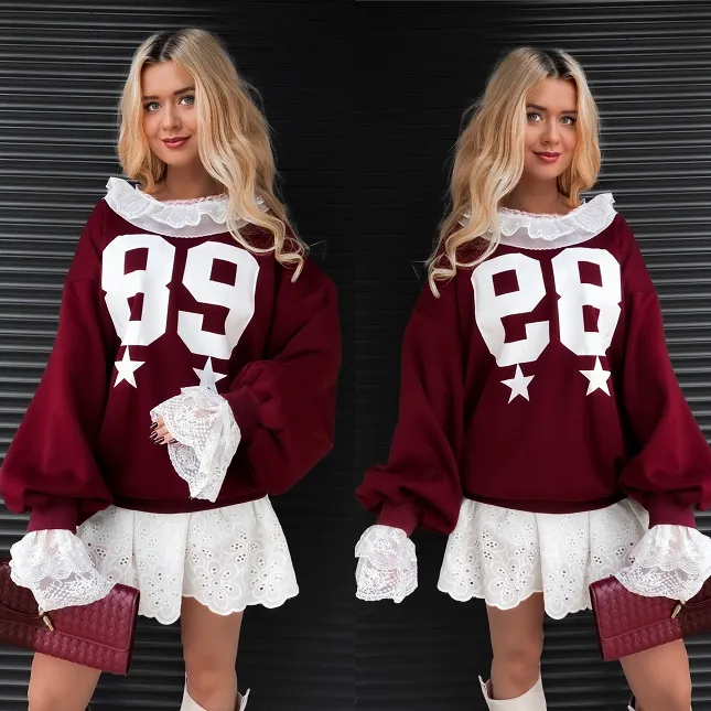 Luźna bawełniana bordowa bluza z koronką ONE SIZE - R380A