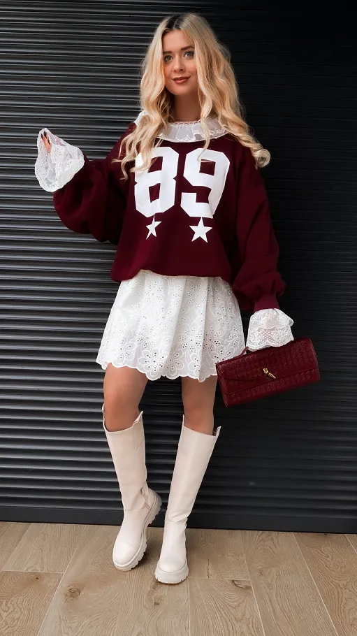 Luźna bawełniana bordowa bluza z koronką ONE SIZE - R380A