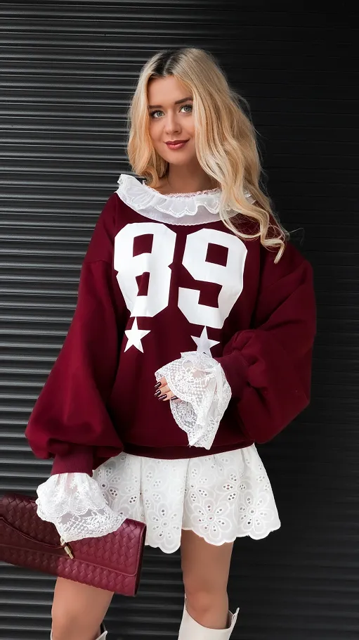 Luźna bawełniana bordowa bluza z koronką ONE SIZE - R380A