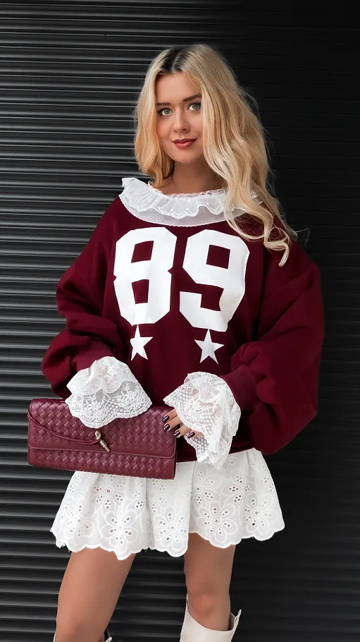 Luźna bawełniana bordowa bluza z koronką ONE SIZE - R380A