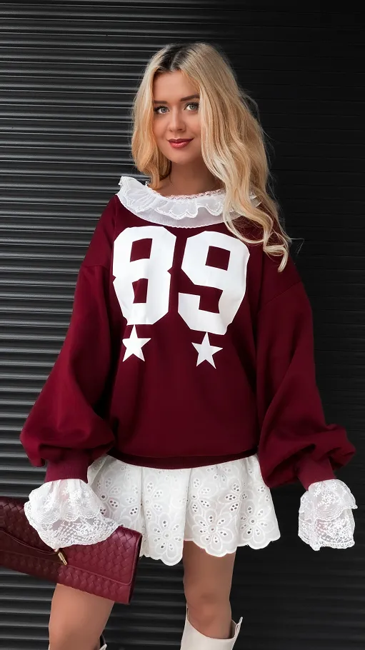 Luźna bawełniana bordowa bluza z koronką ONE SIZE - R380A