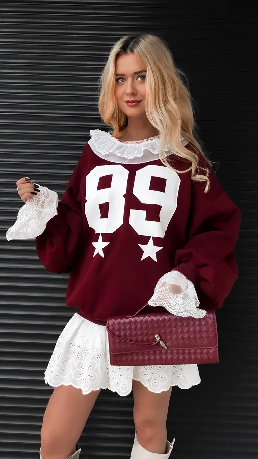 Luźna bawełniana bordowa bluza z koronką ONE SIZE - R380A