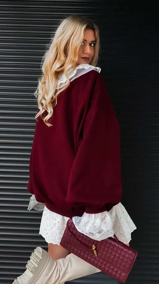 Luźna bawełniana bordowa bluza z koronką ONE SIZE - R380A