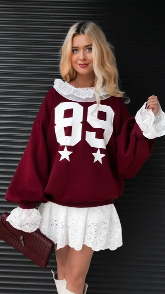 Luźna bawełniana bordowa bluza z koronką ONE SIZE - R380A