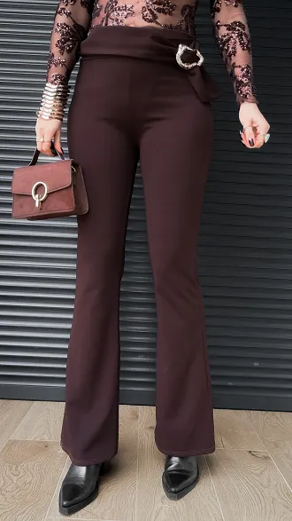 Elastyczne czekoladowe spodnie z ozdobnym pasem ONE SIZE - R398