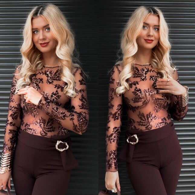 Siateczkowa bluzka BODY w cekiny one size NA ROZM XS brąz - R400A